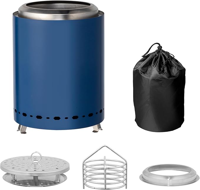 Tabletop Fire Pit 9.7 x 7.1 Inch with Removable Ash Pan, Smokeless Firepit Camping Stove with Bag for Outdoor Safe Burning Firepits, Stainless Steel Wood Burning Fire Pits for Heating, Blue