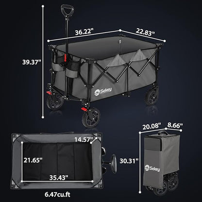 Sekey 220L Collapsible Foldable Wagon with 330lbs Weight Capacity, Heavy Duty Folding Wagon Cart with Big All-Terrain Wheels & Drink Holders (Grey)