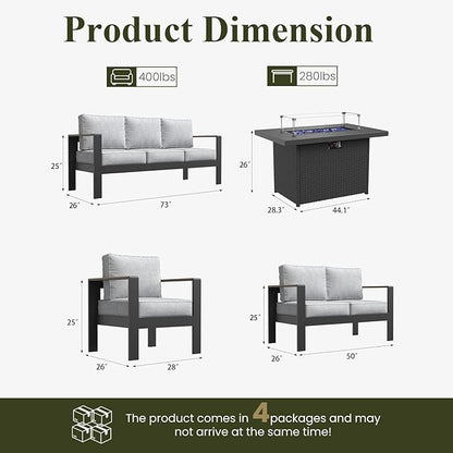 LayinSun 5 Piece Aluminum Outdoor Furniture Set with Fire Pit Table, Outside Patio Deep Seating Conversation Set with Upgraded Washable Thick Cushion