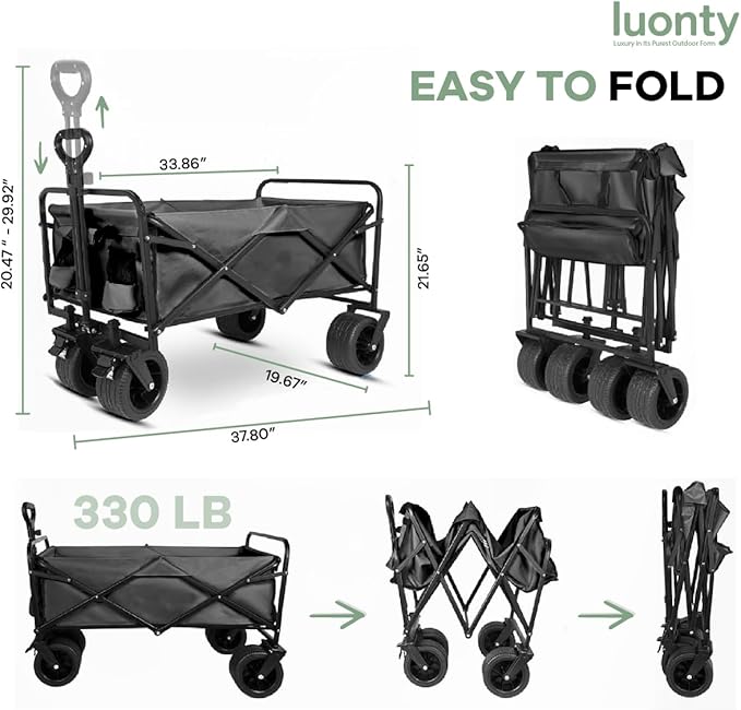 Collapsible Utility Wagon Cart, Heavy Duty Folding Garden Cart with Wheels, Black Steel Frame, 150 L Capacity - 330 LB Capacity