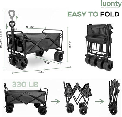 Collapsible Utility Wagon Cart, Heavy Duty Folding Garden Cart with Wheels, Black Steel Frame, 150 L Capacity - 330 LB Capacity