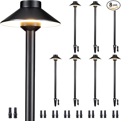 Gardenreet Brass Low Voltage Path Lights - 12V LED Landscaping Pathway Lamp IP65 Waterproof, Wired Walkway Lighting Outdoor, Mushroom-top Black for Lawn Backyard Garden G4 Bulb Not Included (8 Pack)