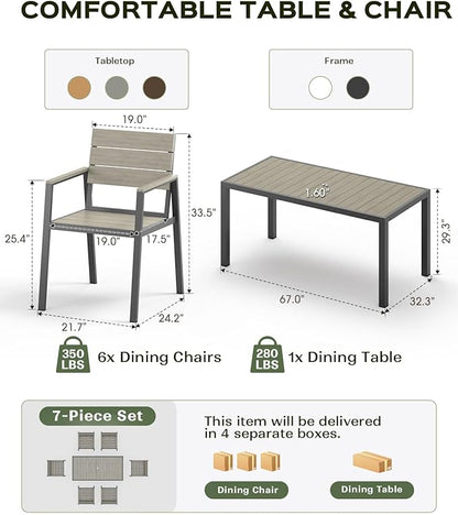 Outdoor Dining Set for 6, Patio Table and Chairs Set, Aluminum Patio Furniture Set with Umbrella Hole, HDPS Patio Dining Table Set for 6 (Gray)