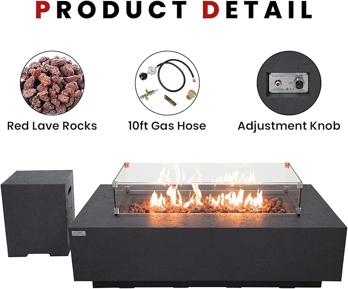 AMS Creations | Madison 60" Bundle Rectangular Propane Gas Outdoor Fire Pit Table | Dark Gray Concrete GFRC | Limestone Texture or Surface | Electronic Ignition | Outside Backyard Fireplace