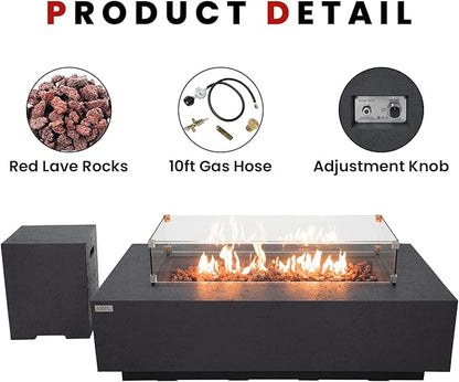 AMS Creations | Madison 60" Bundle Rectangular Propane Gas Outdoor Fire Pit Table | Dark Gray Concrete GFRC | Limestone Texture or Surface | Electronic Ignition | Outside Backyard Fireplace