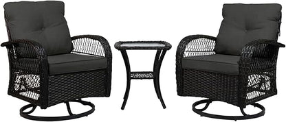 Patio Furniture Set Swivel Rocker, Outdoor Patio Chairs, 3 Piece Suit Porch Furniture Rocking Set, Backyard and Garden Rocker Rattan Chair, with Thickened Cushions and Glass Coffee Table(Grey)