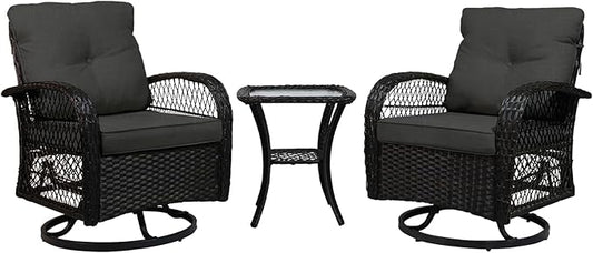 Patio Furniture Set Swivel Rocker, Outdoor Patio Chairs, 3 Piece Suit Porch Furniture Rocking Set, Backyard and Garden Rocker Rattan Chair, with Thickened Cushions and Glass Coffee Table(Grey)