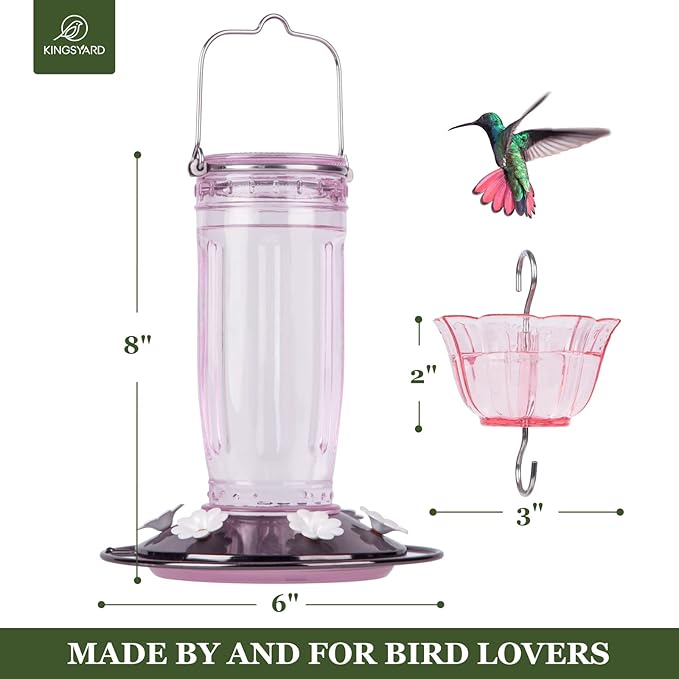 Kingsyard 2 Pack Glass Hummingbird Feeder for Outdoors, 16 Oz Wild Bird Feeder with 6 Feeding Ports Hanging for Garden Yard, Pink (Ant Moat Included)