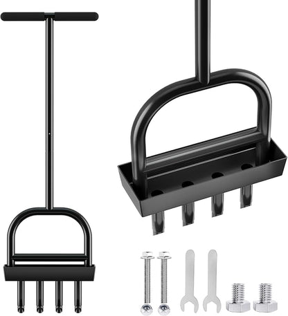Lawn Aerator Coring Tool with Soil Core Storage Tray,4 Tine Stainless Steel Manual Garden Plug Aerator for Yard Grass,Lawn Coring Aeration for Soil Aeration,Lawn Care Cleaning,Compacted Soil(Black)