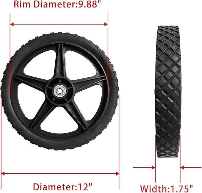 Parts Camp 12" Lawn Mower Wheels Kits 12 x 1.75'' Spoked Plastic Wheel and Tire For Push Mower Wheel/Pressure Washer/Garden Cart/Air Compressor/Wheelbarrow/Handtruck/Generator/Dolly Tires (Set of 2)