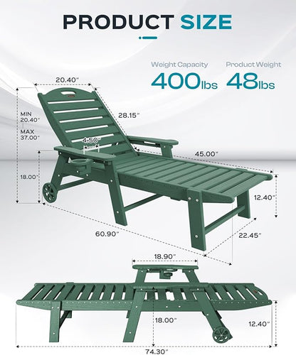 Outdoor Chaise Lounge Chair Set of 2, Patio Lounge Chairs for Outside, HDPE Lounge Chair with Wheels & Cup Holder, Poly Chair with 5 Position for Poolside, Deck, Green