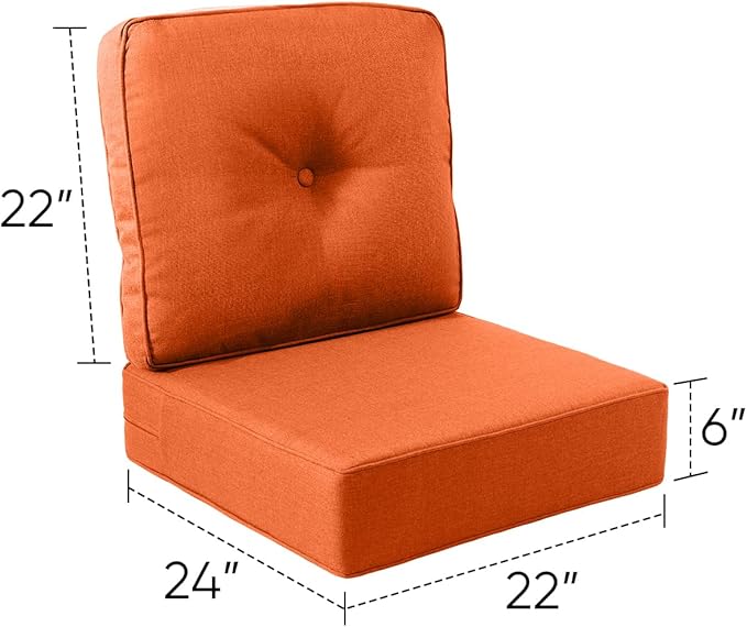 Luxury 22x24/22x25 6-Inch Patio Chair Cushions Set of 3 - Memory Foam Deep Seat Water Repellent Patio Cushion for Lawn Dining Rocking Swivel Chairs Loveseat 3-Seater Sectional Sofa - Orange