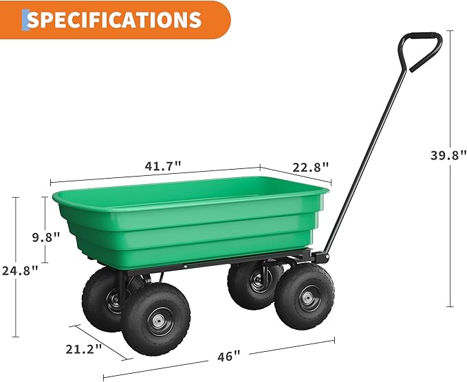 Garden Dump Cart, 6 Cu.Ft. 1200Lbs Garden Cart, Heavy-Duty 4 Wheel Wheelbarrow Yard Cart with 13-Inch All-Terrain Wheels, Features A Quick-Release Tipping Function, for Courtyards, Farm, Gardening