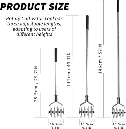 Rotary Garden Tool, Adjustable Hand Tiller, Long Handle Cultivator for Aerating, Weeding, Planting and Mixing Soil or Reseeding Grass