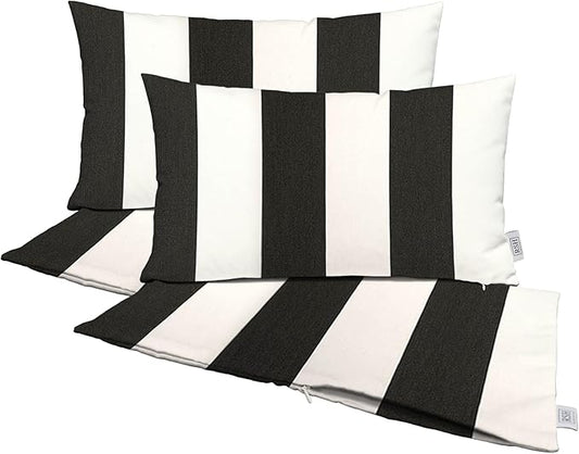 RSH DECOR: Sunbrella Pillow Covers Set of 4 | Covers Only - 20" x 12" | Outdoor Lumbar Pillow Covers Crafted with Sunbrella Performance Fabric | Cabana Classic Black Stripe