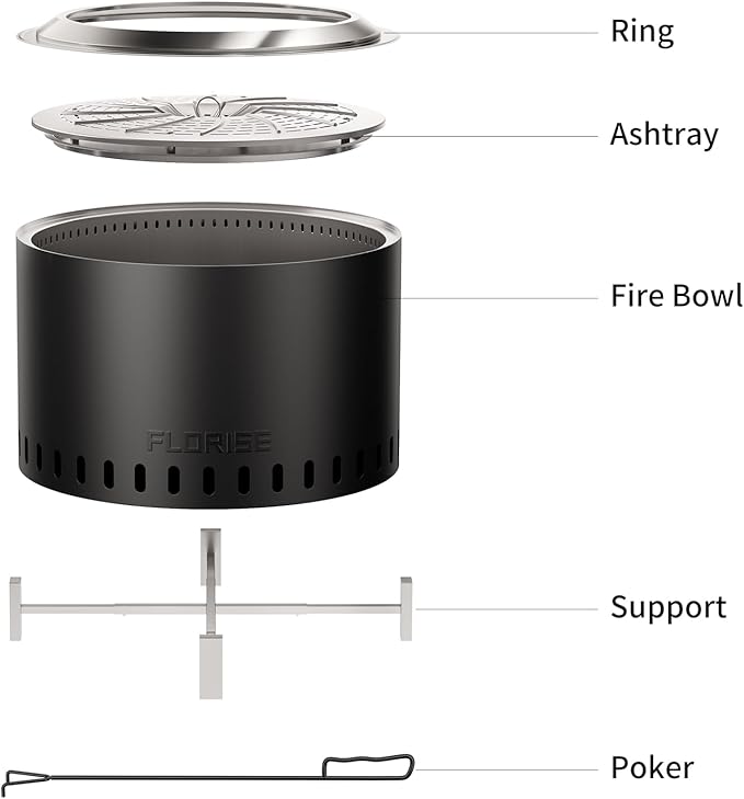 27 Inch Smokeless Fire Pit, Outdoor Portable Firepit with Waterproof Cover & Poker, Stainless Steel Wood Burning Fireplace for Outside,Patio, Camping, Bonfire,Black