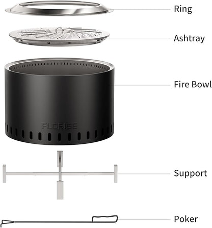 27 Inch Smokeless Fire Pit, Outdoor Portable Firepit with Waterproof Cover & Poker, Stainless Steel Wood Burning Fireplace for Outside,Patio, Camping, Bonfire,Black