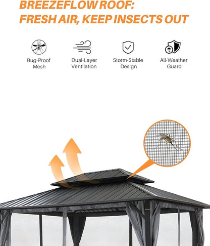 12' x 20' Hardtop Gazebo, Outdoor Patio Gazebo, Aluminum Frame Patio Hardtop Gazebos with Netting and Curtain, Outdoor Patio Pergola with Double Steel Roofs for Deck, Lawn, Parties, Slate Gray