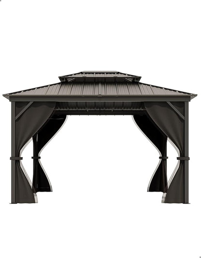 12x14 Ft Hardtop Gazebos with Heavy Duty Double Roof, Nettings and Curtains Galvanized Steel Outdoor Gazebos for Patio, Backyard, Deck, Lawn (Grey)
