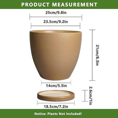 10 Inch Planter - Ceramic Pots for Plants, Planters with Drainage Hole and Tray, Modern Flower Pots Indoor, Home Living Room Patio Porch Garden Office Decor, Brown