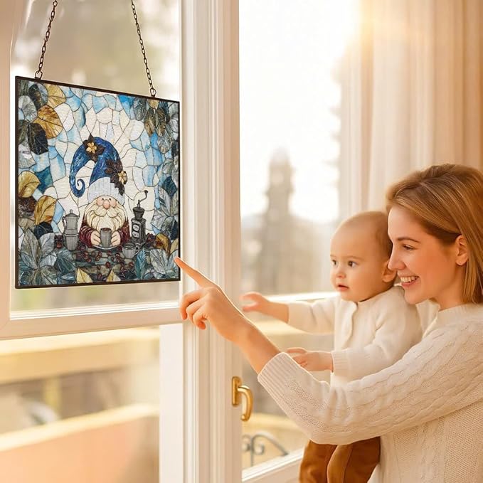 Rectangle Coffee Gnome Stained Glass Window Hanging Customized Suncatcher Glass Panel with Metal Chain Sun Catchers Wall Art Home Decor Gift for Women Mother's Day