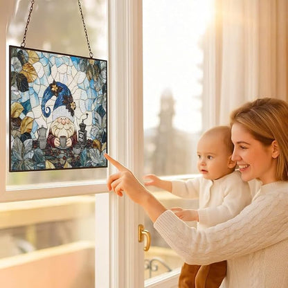 Rectangle Coffee Gnome Stained Glass Window Hanging Customized Suncatcher Glass Panel with Metal Chain Sun Catchers Wall Art Home Decor Gift for Women Mother's Day