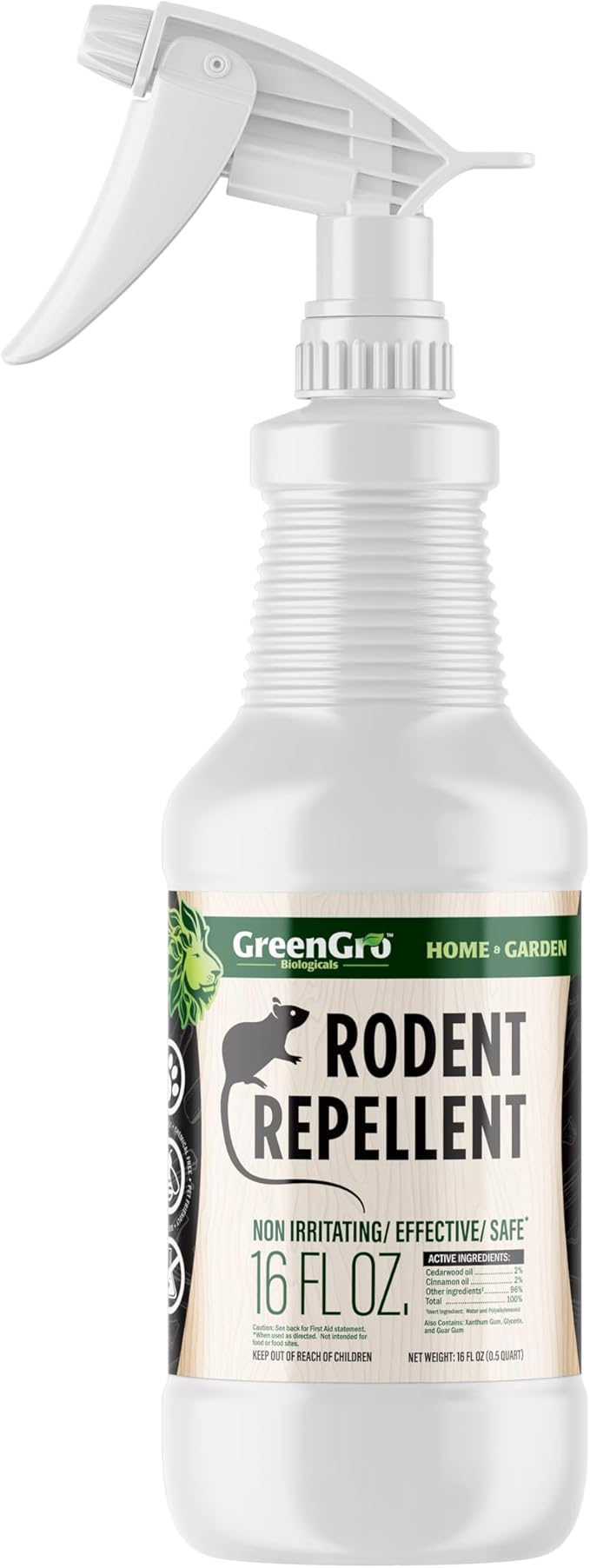 GreenGro Rodent Repellent Spray - Organic Cedar & Cinnamon Oil for Pest Control/Mice, Rat, Vole & Squirrel Repellent/Non-Toxic/Safe for Pets/Use for Home, Garden, Garage, RVs (16oz)
