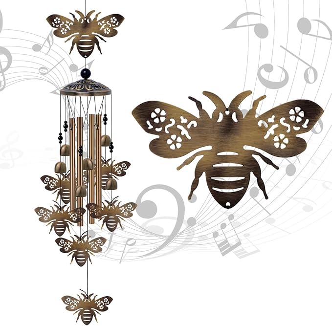 Outdoor Bees Wind Chimes Gifts for Mom - Bronze Memorial Wind Bells, Mobile Sympathy Wind Catcher, Romantic Bee Decor, 7 Bees Windchimes for Home, Balcony, Tree, Garden Festival Hanging Decoration