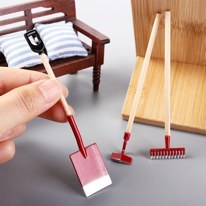 3Pcs Miniature Garden Tools 1:12 Mini Shovels and Rake Farm Tools Fairy Garden Furniture Dollhouse Accessories (Red)