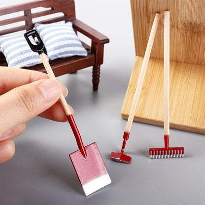 3Pcs Miniature Garden Tools 1:12 Mini Shovels and Rake Farm Tools Fairy Garden Furniture Dollhouse Accessories (Green)