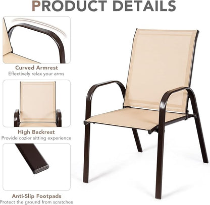 Tangkula 4 Piece Patio Dining Chairs, Outdoor Bistro Chairs W/Curved Armrests, Easy-to-Dry Fabric, Reinforced Steel Frame, Wide & Comfortable Camping Chairs for Garden, Poolside, Backyard (2, Beige)