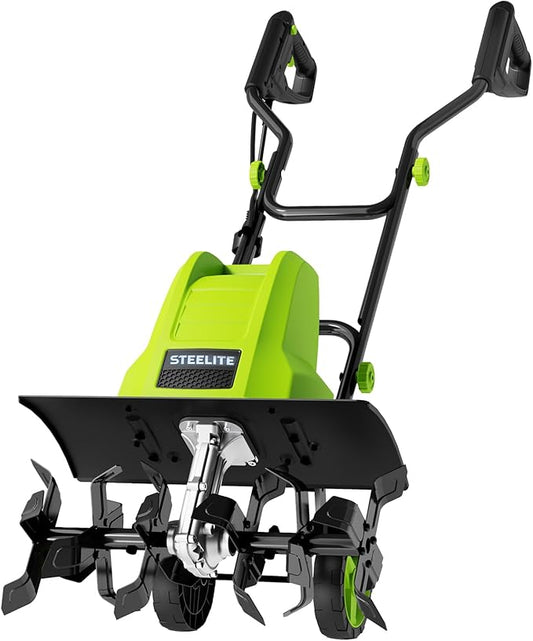 STEELITE 18 Inch Width Electric Tiller Cultivator, 8.7-Inch Depth Electric Rototiller with 24 Durable Steel Tines, 13.5 Amp Corded Cultivator for Gardening, 2-Adjustable Wheels for Garden Lawn Yard