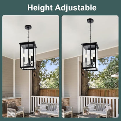 3 Lights Indoor Pendant Light Black Outdoor Chandelier Exterior Hanging Fixture Ceiling Mount with Clear Glass Shade Hanging Lantern Light Adjustable Pendant Light for Outdoor Hallway
