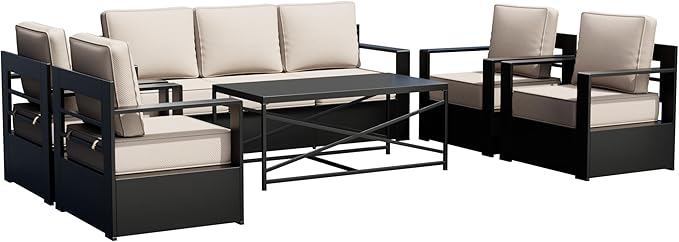 Outdoor Patio Furniture Set, 6-Piece Aluminum Patio Conversation Set All-Weather Metal Outdoor Sectional with 6 Inch Thick Cushions, Deep Setting for Garden, Outside and Porch