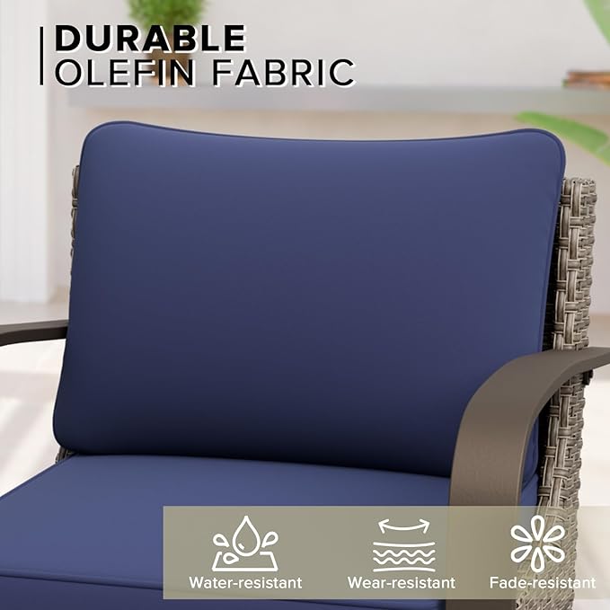 COOS BAY Aurora Terrace Outdoor Chairs with Cushions, Wicker Dining Set with Deep 4-Inch Seating, Modern Curved Armrest Porch Chairs, Set of 1, Beige/Blue