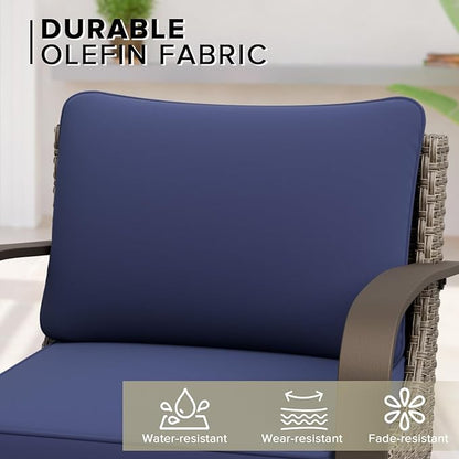 COOS BAY Aurora Terrace Outdoor Chairs with Cushions, Wicker Dining Set with Deep 4-Inch Seating, Modern Curved Armrest Porch Chairs, Set of 1, Beige/Blue