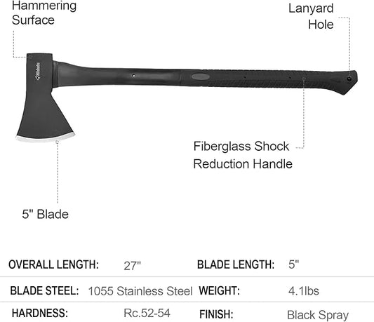 Splitting Axe, 27" Camping Chopping Hatchet for Firewood Splitting, Forged Carbon Steel Heavy Duty Maul, Fiberglass Shock Reduction Handle with Anti-Slip Rubber Grip