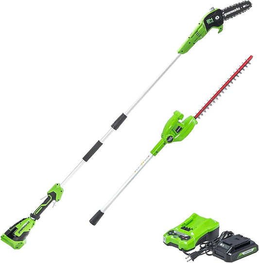 Greenworks 24V 8" Cordless Polesaw + 20" Pole Hedge Trimmer Combo (Great For Pruning and Trimming Branches / Shrubs), 2.0Ah Battery and Charger Included