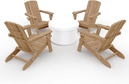 Folding Adirondack Chair Wood Texture 4 Pack, HDPE All-Weather Fire Pit Chairs, Plastic Adirondack Chairs with 2 Cup Holder, Outdoor Lawn Chair for Patio Garden (Teak)