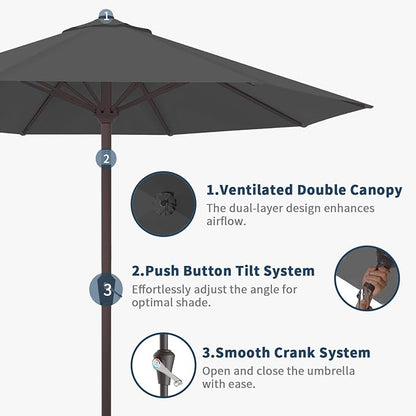 9FT Patio Umbrella with Fiberglass Ribs, Outdoor Market Table Umbrella with Crank and Tilt, UV Resistant Waterproof Canopy for Patio, Garden, Deck, Pool, Gray