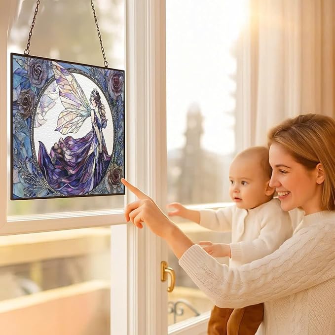 Customized Rectangle Fairy Stained Glass Suncatcher Window Hanging, Gothic Christmas Ornaments for Fiction Lovers, Dinosaur Room Decor for Nursery New Home Gifts