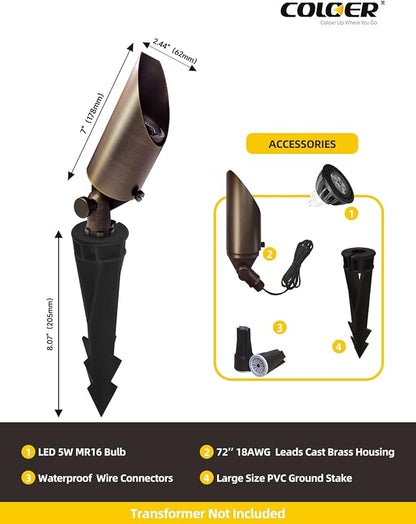 COLOER Brass Landscape Spotlights, 6 Pack Spotlight Fixture Outdoor with 5W Aluminum Housing MR16 LED Bulb 2700K 450LM,12V AC/DC Low Voltage Landscape Lighting,Uplight for Garden and Patio(103B)