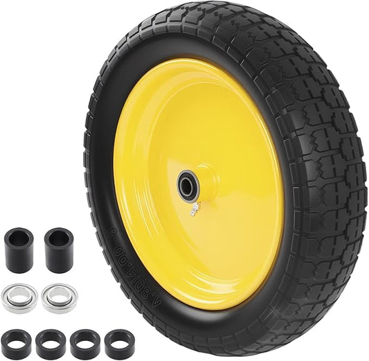 HQPASFY 16" Flat Free Tire 4.80/4.00-8 Wheelbarrow Tire and Wheel, 3" Centered Hub, 5/8" & 3/4" Bearings – Solid No-Flat Replacement for Wheelbarrows, Garden Carts, Dump Carts, Lawn Equipment