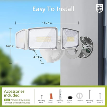 Philips 72W 7400LM LED Flood Lights Outdoor, Switch Controlled Aluminum Security Lights, 3 Adjustable Heads, Wall Mount, 5000K Daylight, Waterproof for Yard, Garage