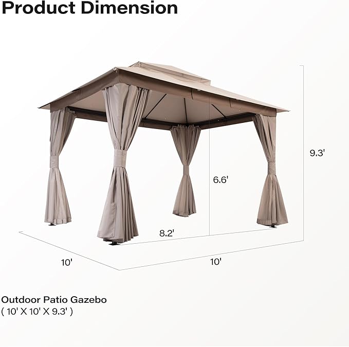 Outdoor Patio Gazebo 10FT, Heavy Duty Party Tent & Shelter with 2-Tier Roof and Expansion Bolts, Mosquito Nettings and Privacy Screens for Backyard, Garden, Poolside, Khaki