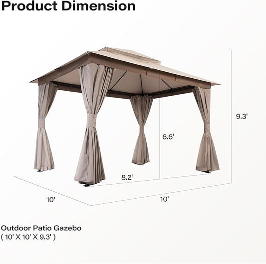 Outdoor Patio Gazebo 10FT, Heavy Duty Party Tent & Shelter with 2-Tier Roof and Expansion Bolts, Mosquito Nettings and Privacy Screens for Backyard, Garden, Poolside, Khaki