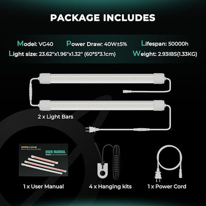 MARS HYDRO VG40, 2ft Grow Lights for Indoor Plants, 5000K Full Spectrum, 2x2 Coverage, IP65 Waterproof Linkable Under Canopy LED Plant Light Strip for Seedling Veg Flower, Plug and Play, 2-Pack 40W