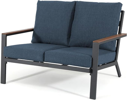 Soleil Jardin Aluminum Patio Furniture Loveseat, Outdoor 2 Seats Sofa Couch with FSC Certified Solid Wood Top, Outdoor Conversation Set Deep Seating Loveseat w/Removable Cushion, Denim Blue