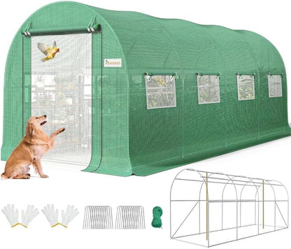 KING BIRD Premium 15x6.6x6.6FT Greenhouse for Outdoors, Large Walk-in Heavy Duty Galvanized Frame, Screen Mesh Door Window Reinforced Zipper Tunnel Hoop for Garden Plant Winter, Green