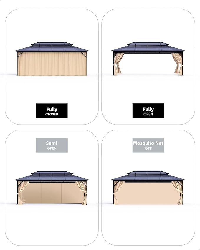 GAOMON Hardtop Gazebo 10'x13', with Double Polycarbonate Roof, Aluminum Alloy Frame, Net, and Curtain, Permanent Building of Backyard Luxury, for Patio, Deck, Backyard, Lawn, and Garden, Gray